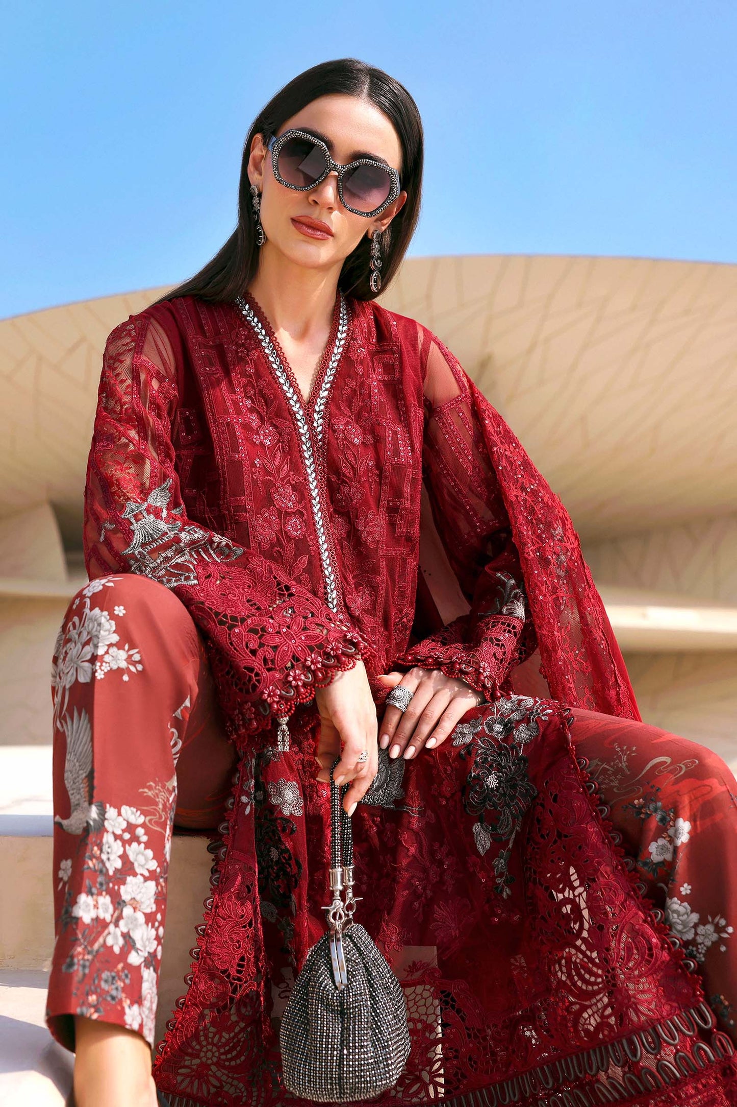 3 Piece Unstitched Embroidered Net Suit In Stock BARCODE:D-2607-A