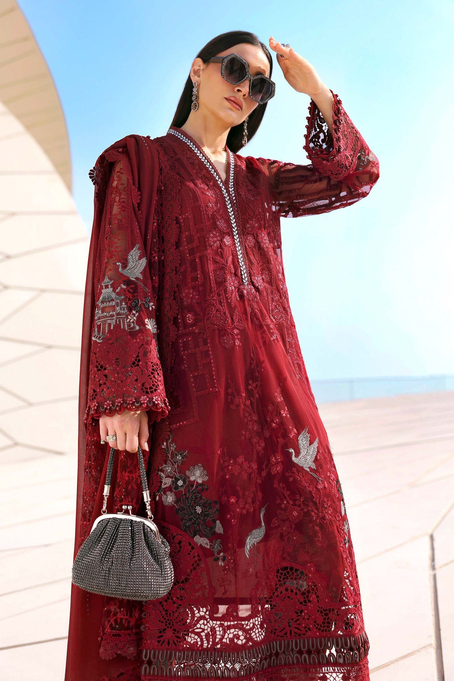 3 Piece Unstitched Embroidered Net Suit In Stock BARCODE:D-2607-A