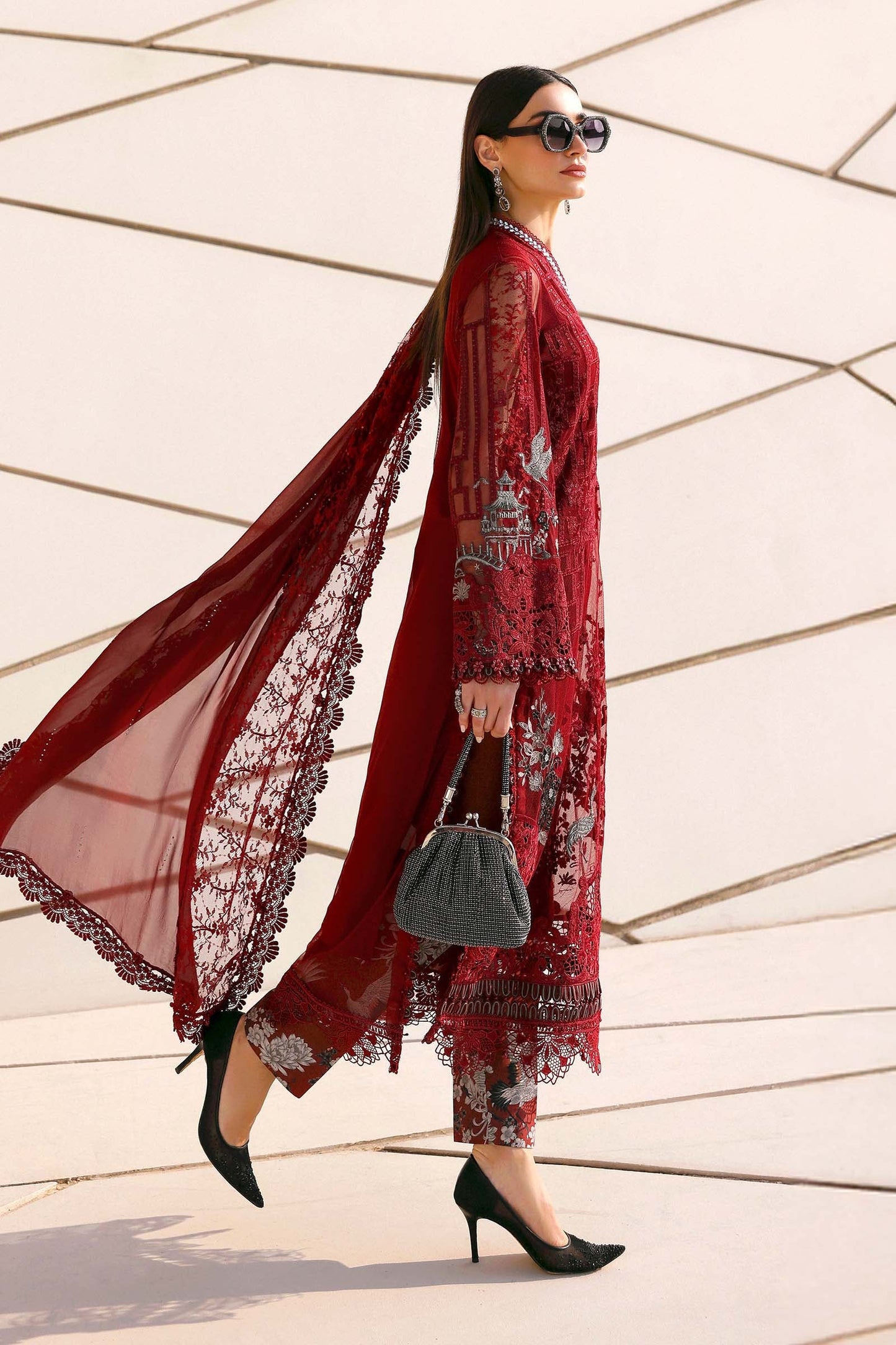 3 Piece Unstitched Embroidered Net Suit In Stock BARCODE:D-2607-A