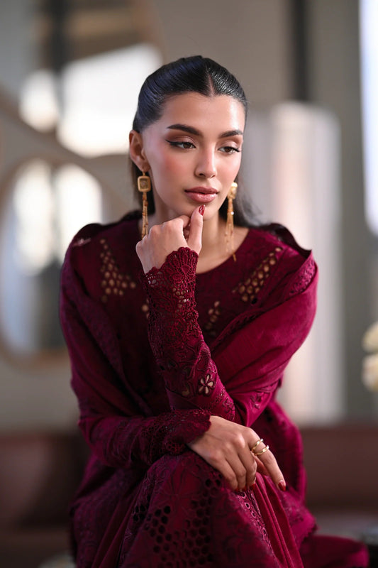 DEEP MAROON LUXURY EMBROIDERED LAWN (NEL-26601) | LUXURY LAWN X EID '26 | ZAIB