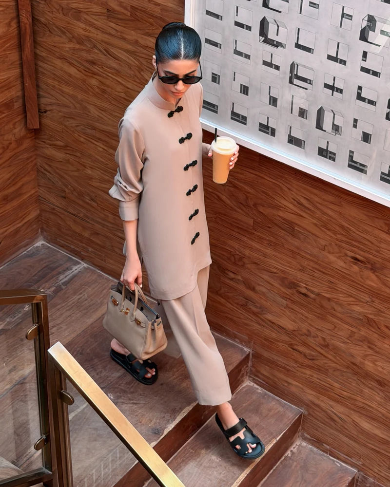 Taupe Mandarin Buttoned Set | New Arrivals | LIRA