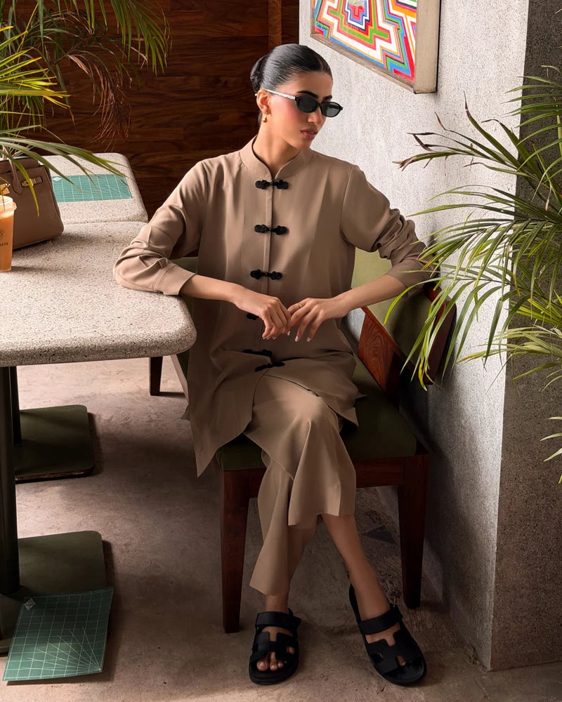 Taupe Mandarin Buttoned Set | New Arrivals | LIRA