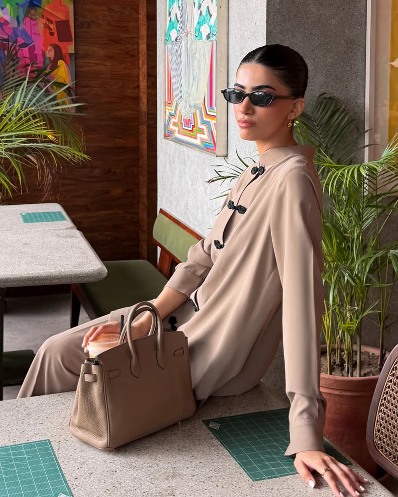 Taupe Mandarin Buttoned Set | New Arrivals | LIRA