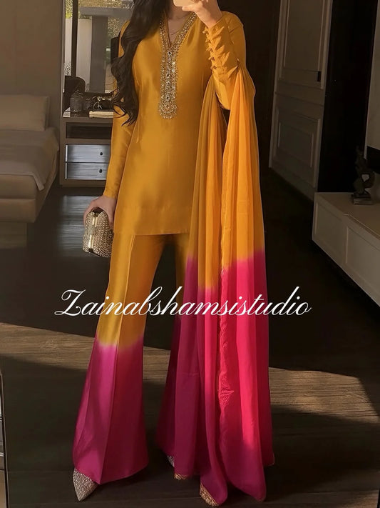 The Elysia Set in Mustard and Pink | Zainab Shamsi Studio