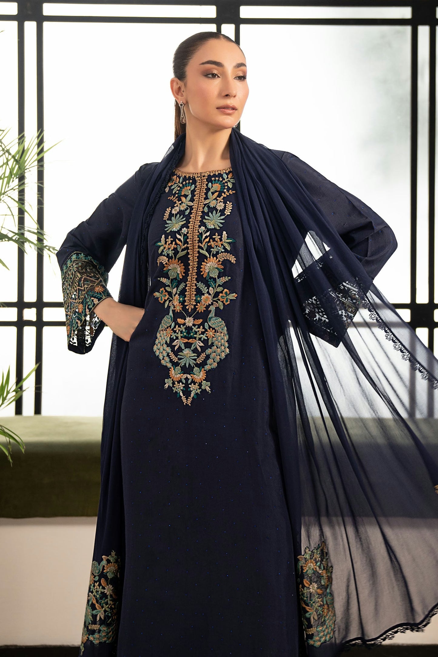Maria.B Desi Summer Pie '26 - 3 Piece Embroidered Raw Silk Suit | Dwp2619-esm-blu