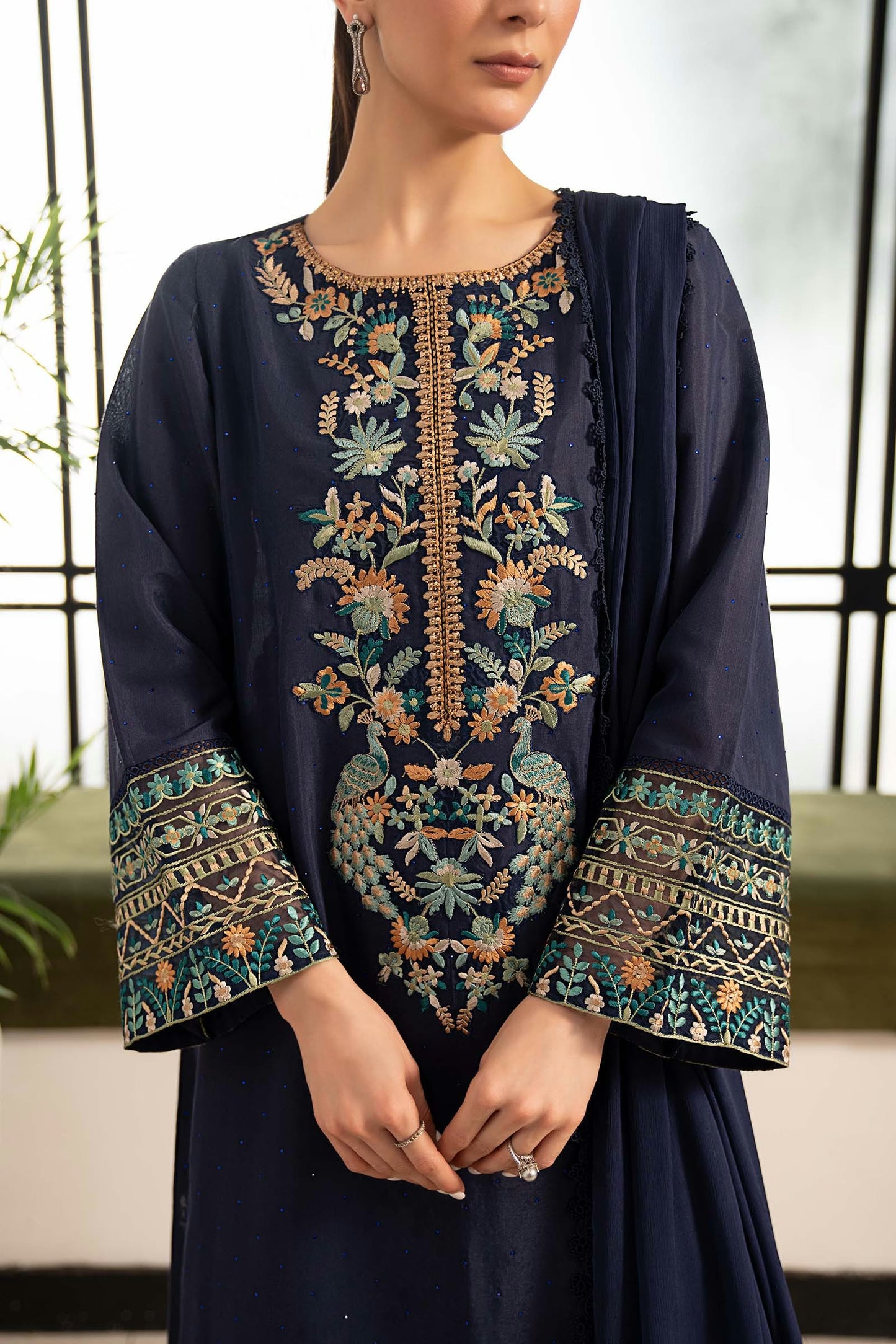 Maria.B Desi Summer Pie '26 - 3 Piece Embroidered Raw Silk Suit | Dwp2619-esm-blu