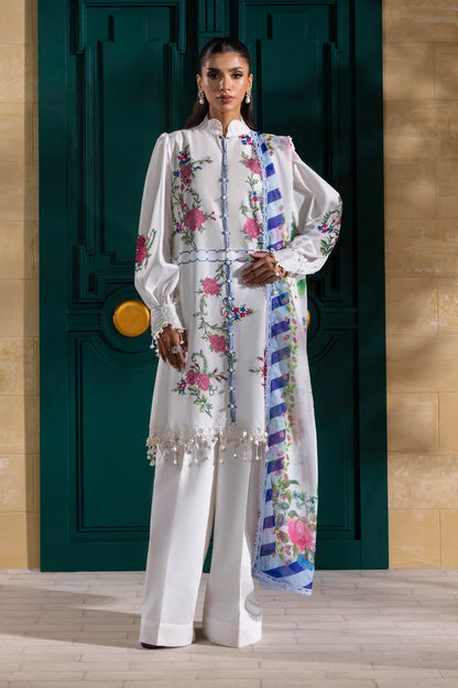 Unstitched 3 Piece Lawn Suit - White Floral
