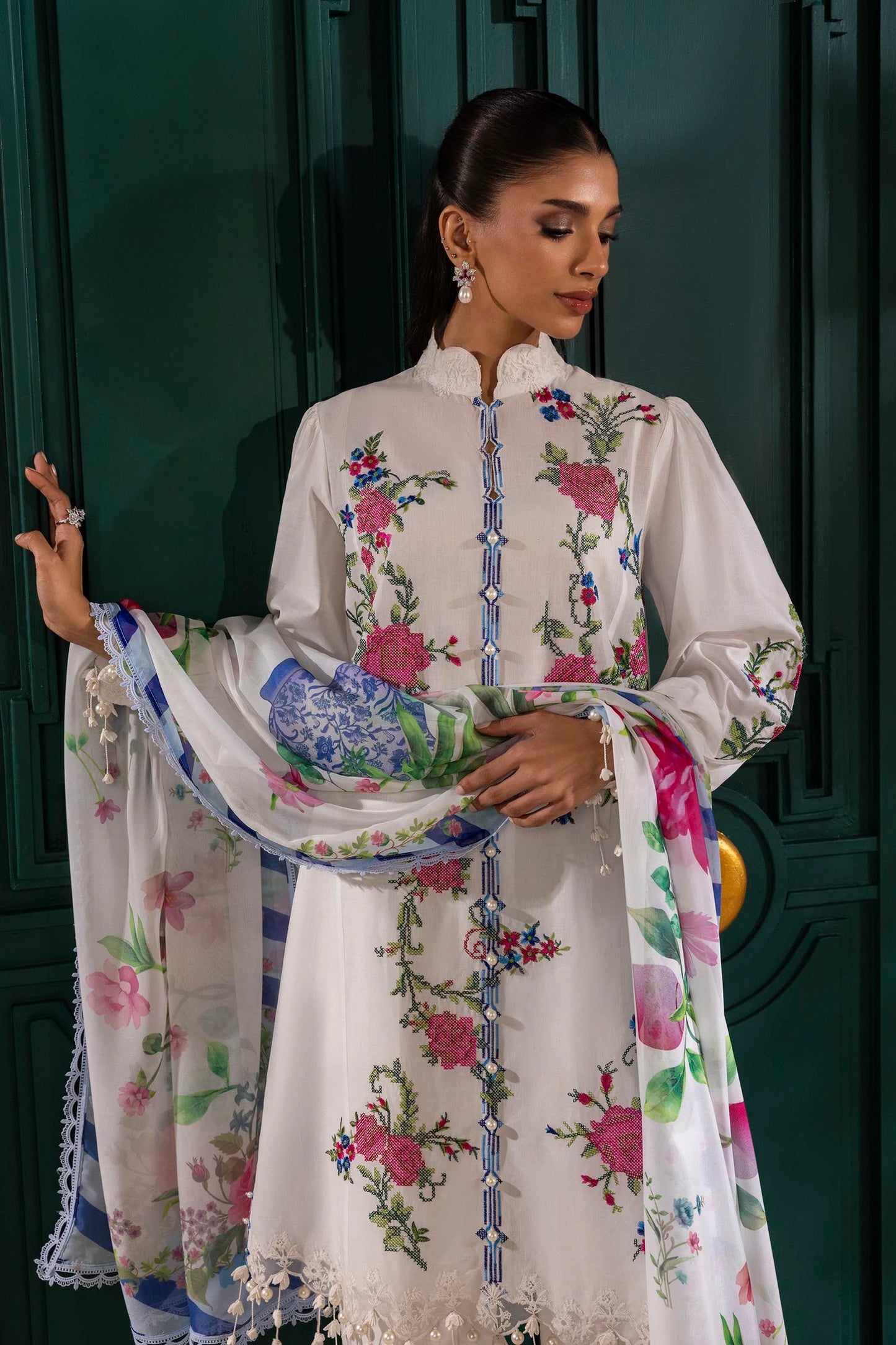 Unstitched 3 Piece Lawn Suit - White Floral