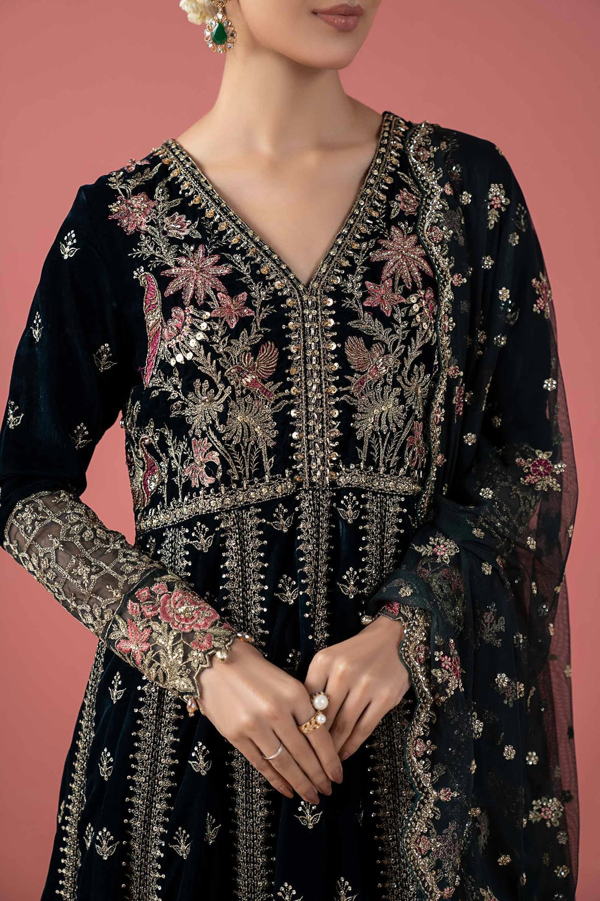 Maria.B Luxury Formals Velvet '26 - 3 Piece Embroidered Velvet Suit | SFW2501-GRN