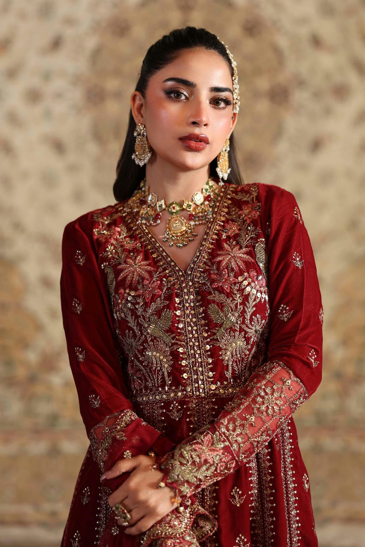 Maria.B Luxury Formals Velvet '26 - 3 Piece Embroidered Velvet Suit | SFW2501-RED