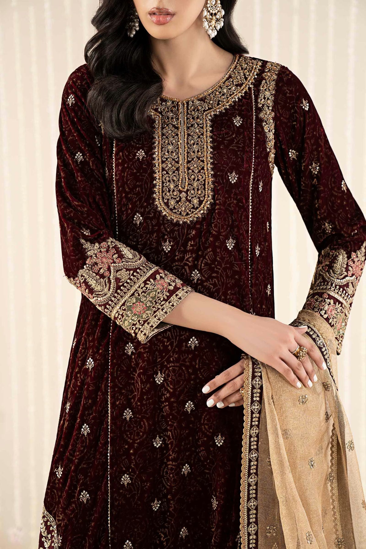 Maria.B Luxury Formals Velvet '26 - 3 Piece Embroidered Velvet Suit | SFW2509-MRN