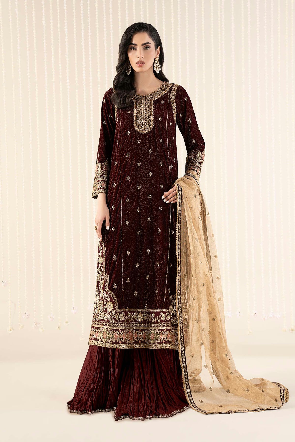 Maria.B Luxury Formals Velvet '26 - 3 Piece Embroidered Velvet Suit | SFW2509-MRN