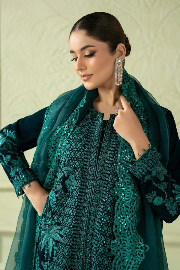 Maria.B Luxury Formals Velvet '26 - 3 Piece Embroidered Velvet Suit | SFW2512-GRN