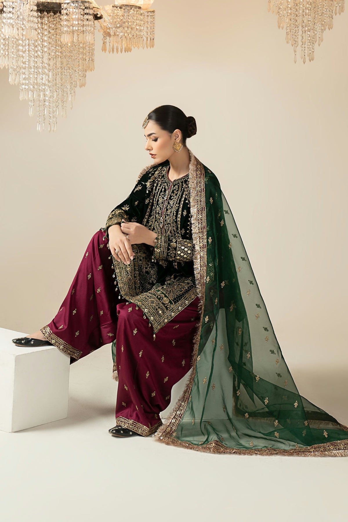 Maria.B Luxury Formals Velvet '26 - 3 Piece Embroidered Velvet Suit | SR12522-GRN