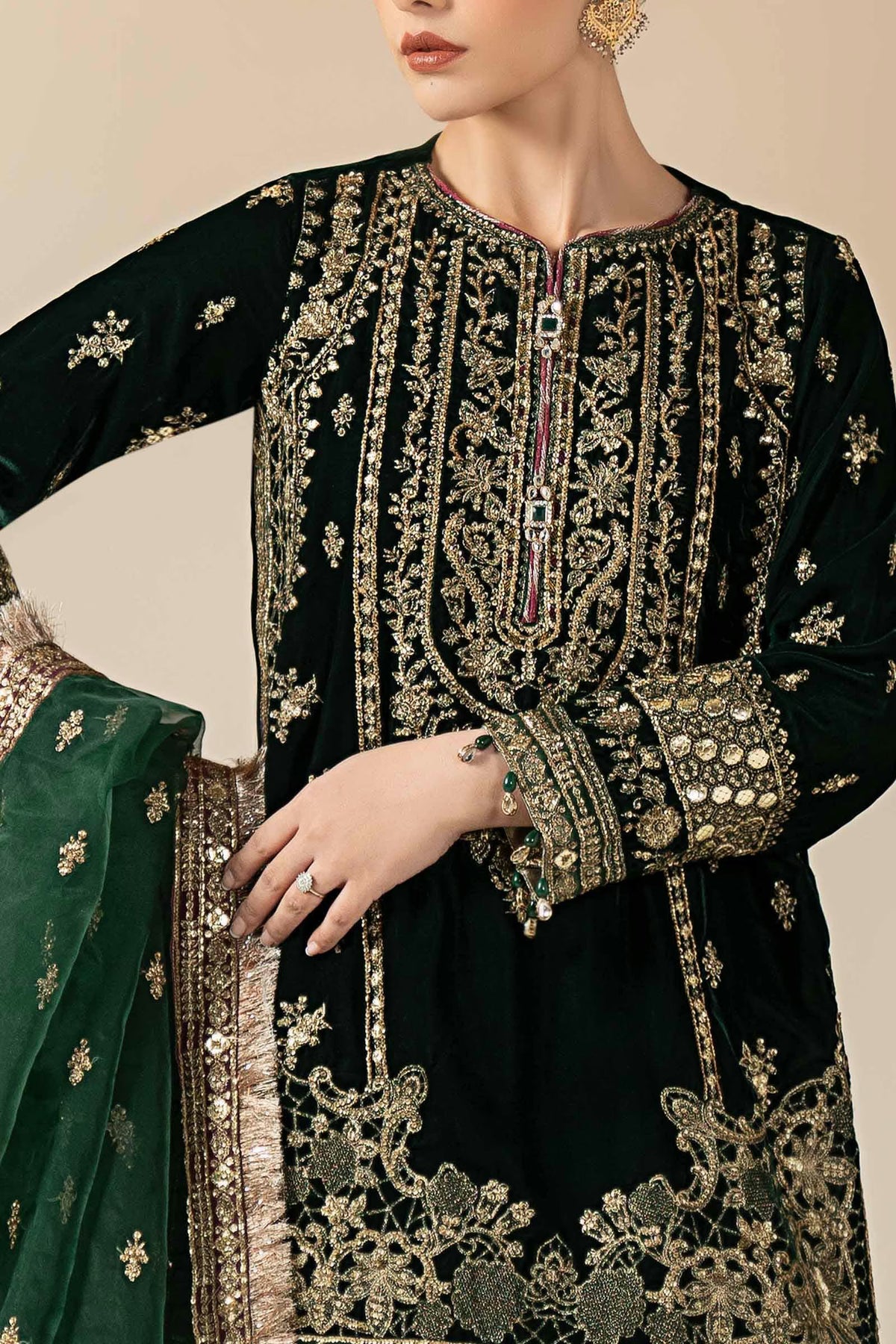 Maria.B Luxury Formals Velvet '26 - 3 Piece Embroidered Velvet Suit | SR12522-GRN