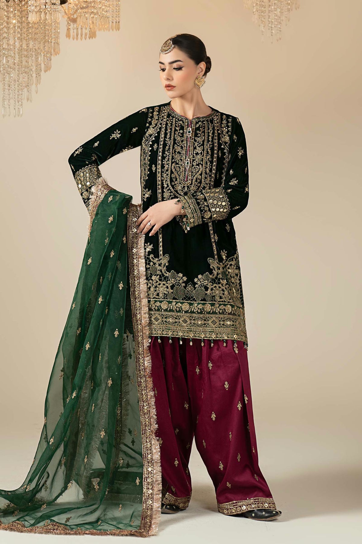 Maria.B Luxury Formals Velvet '26 - 3 Piece Embroidered Velvet Suit | SR12522-GRN