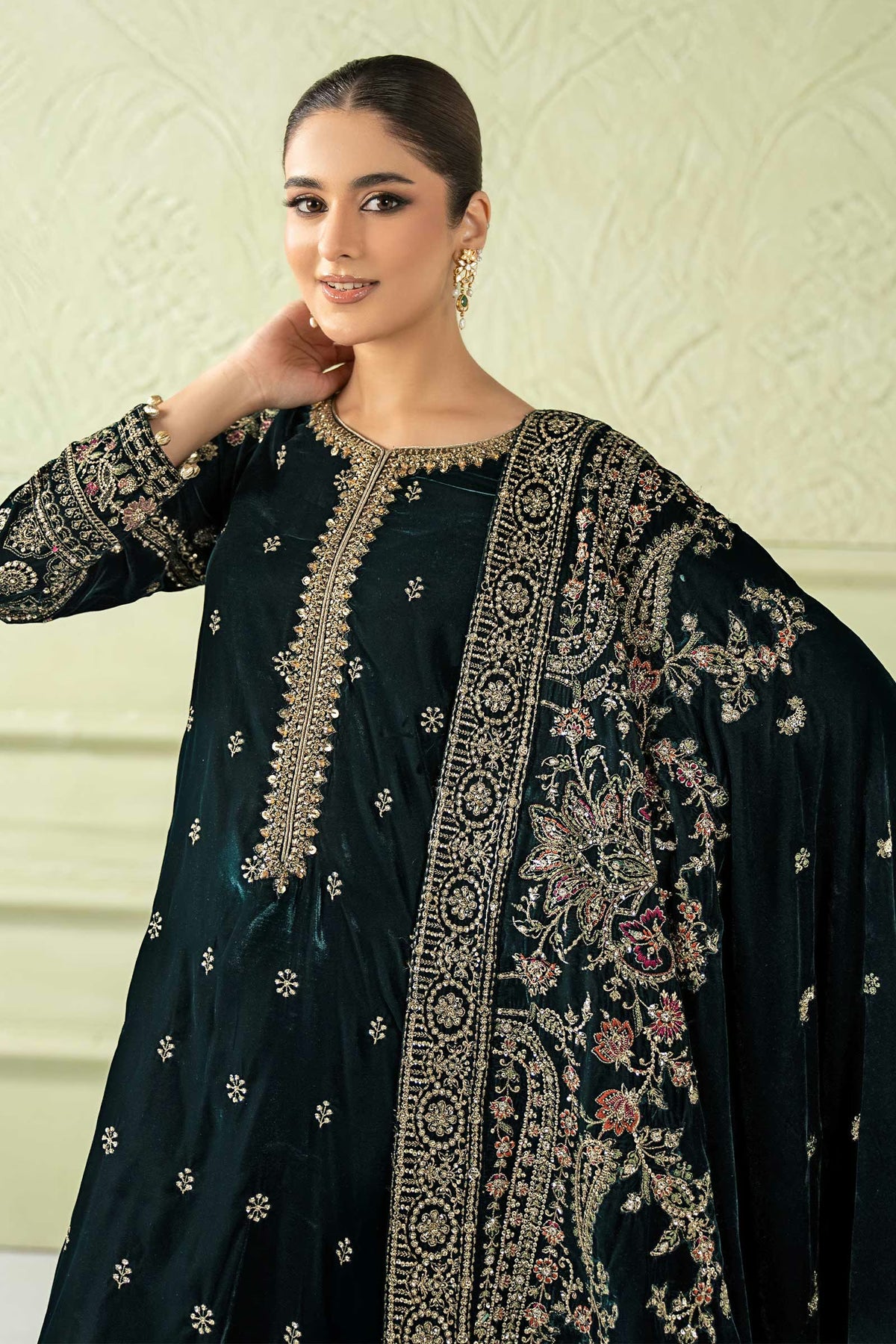 Maria.B Luxury Formals Velvet '26 - 3 Piece Embroidered Velvet Suit | SFW2546-GRN
