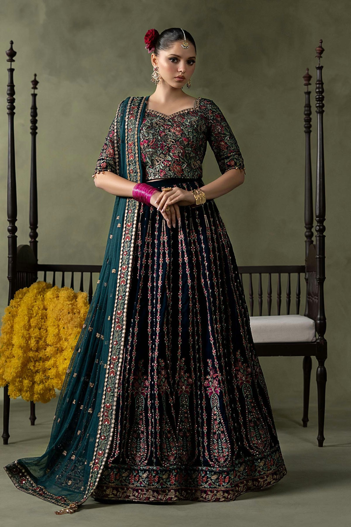 Maria.B Luxury Formals Velvet '26 - 3 Piece Embroidered Velvet Suit | SFW2602-TEL