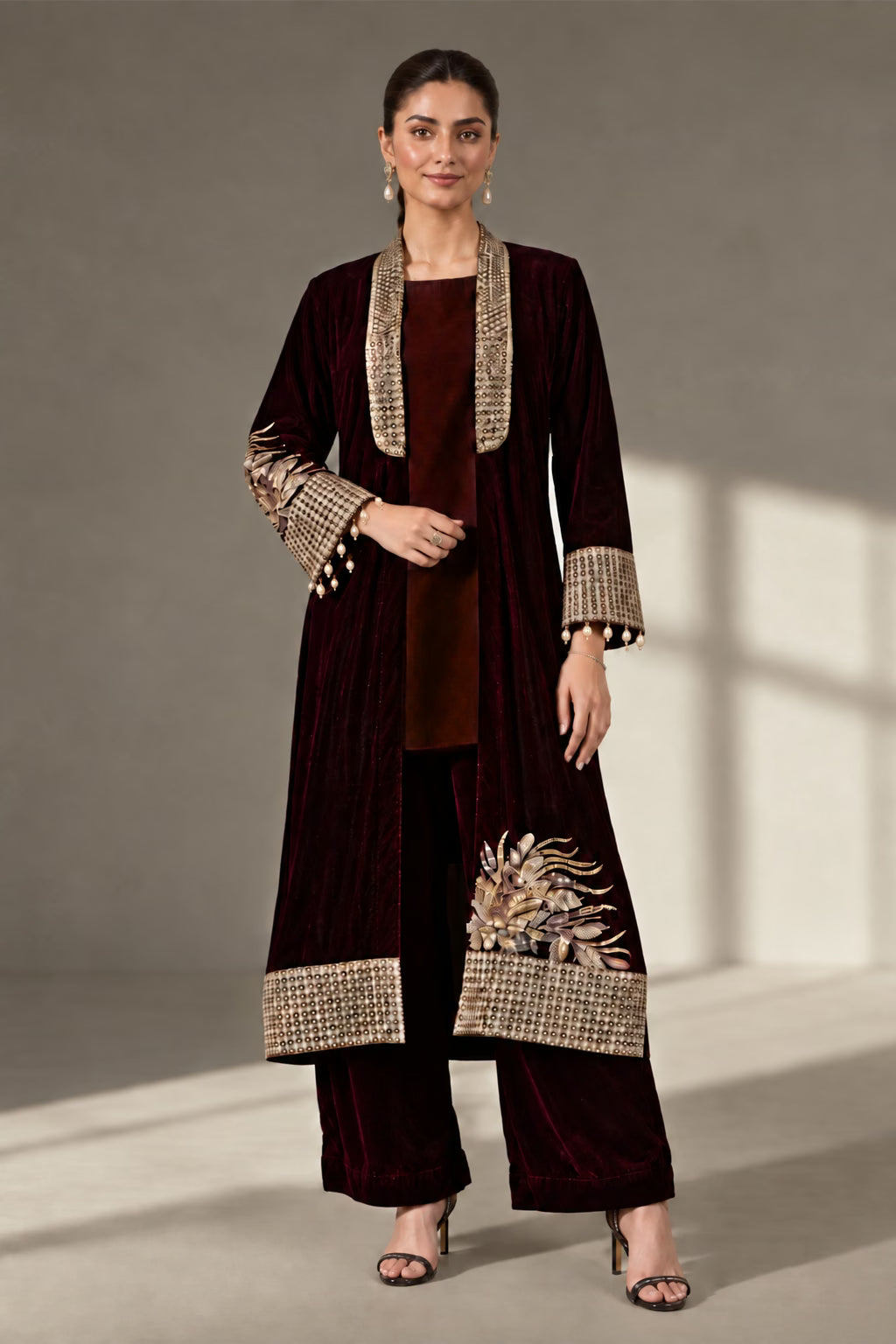 Maria.B Luxury Formals Velvet '26 - 3 Piece Embroidered Velvet Suit | SFW2638-MRN