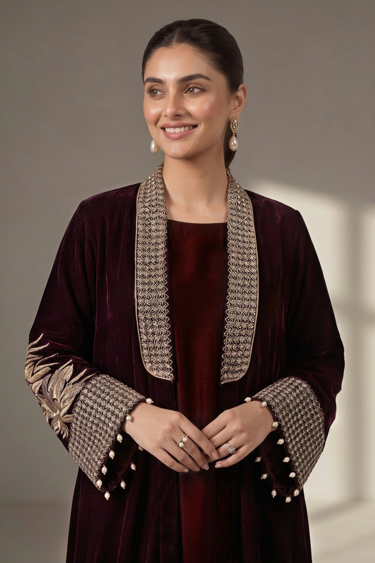 Maria.B Luxury Formals Velvet '26 - 3 Piece Embroidered Velvet Suit | SFW2638-MRN