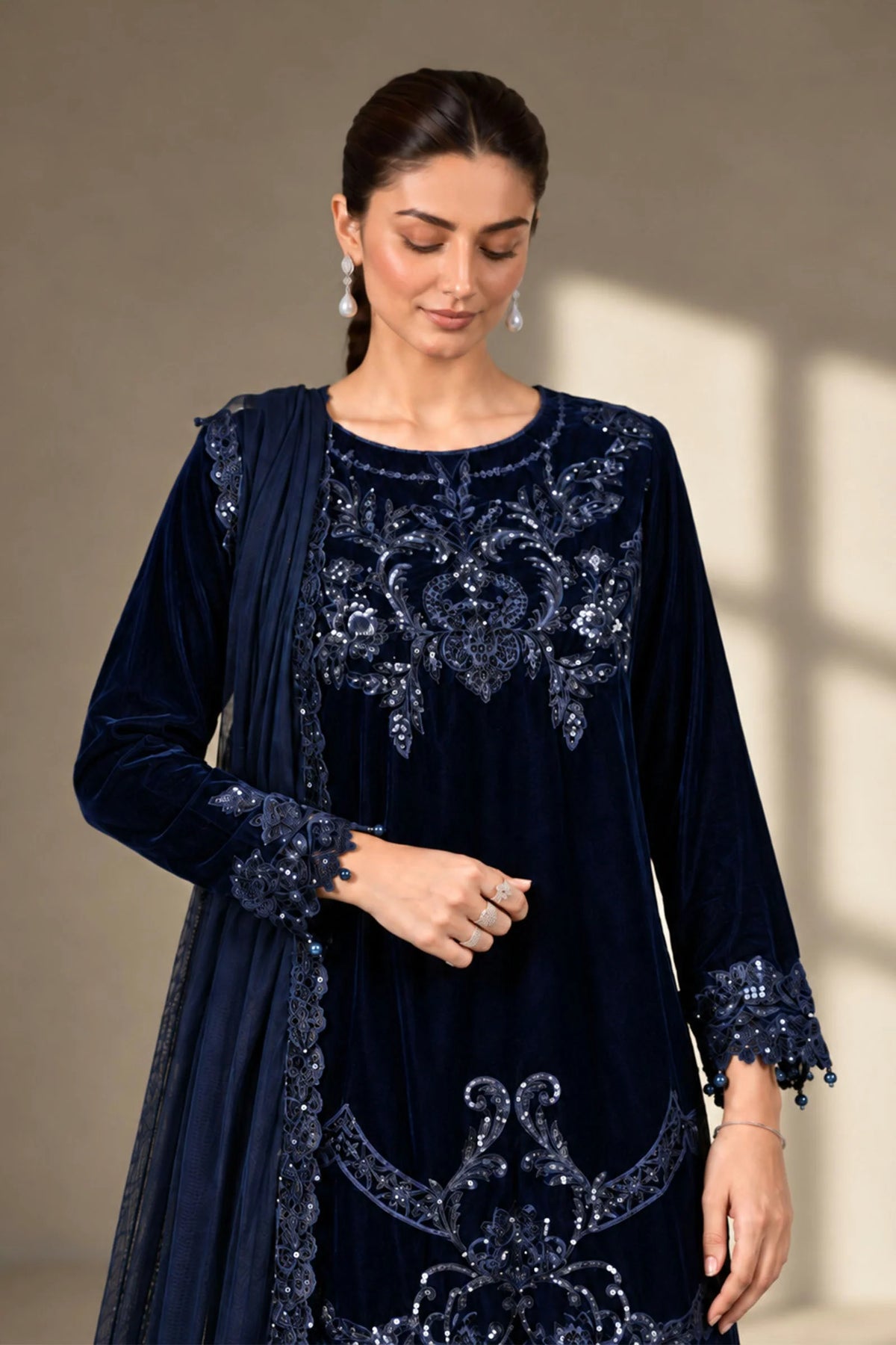 Maria.B Luxury Formals Velvet '26 - 3 Piece Embroidered Velvet Suit | SFW2642-BLU
