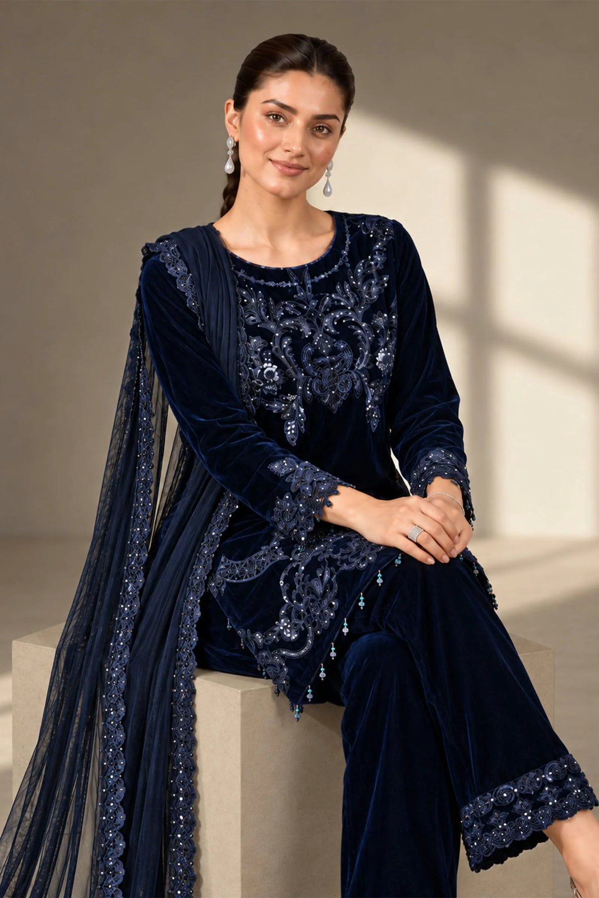 Maria.B Luxury Formals Velvet '26 - 3 Piece Embroidered Velvet Suit | SFW2642-BLU