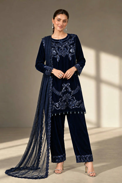 Maria.B Luxury Formals Velvet '26 - 3 Piece Embroidered Velvet Suit | SFW2642-BLU