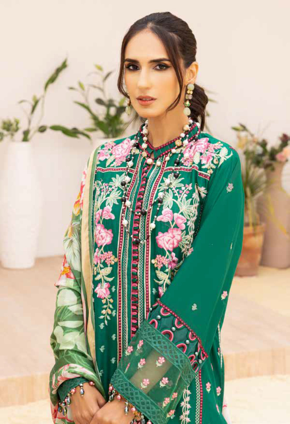 Adan's Libas Muzayyan Unstitched Lawn Collection 2023 – Dark Green Suit Set