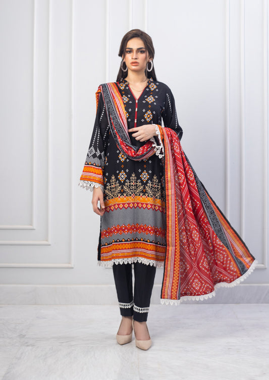 Erum Misha Printed Lawn Collection Black Suit-Set