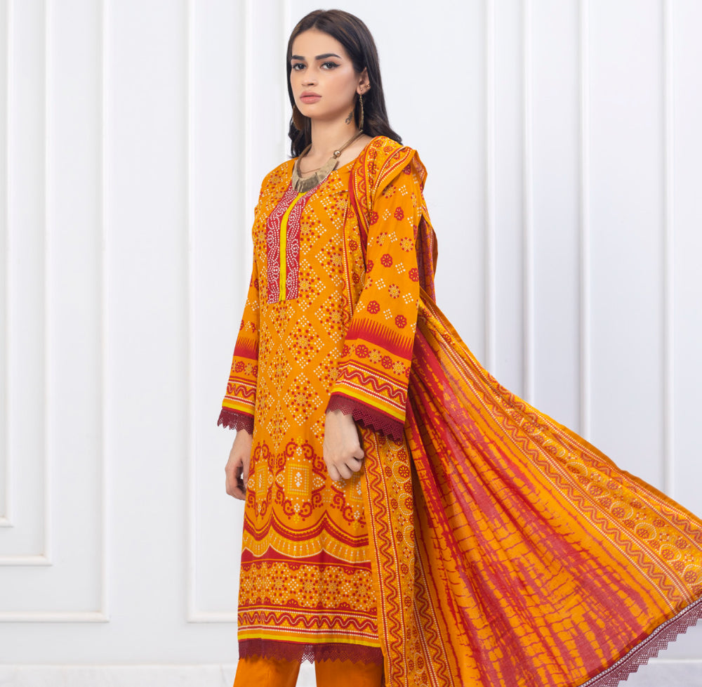 Erum Misha Printed Lawn Collection Orange Suit-Set