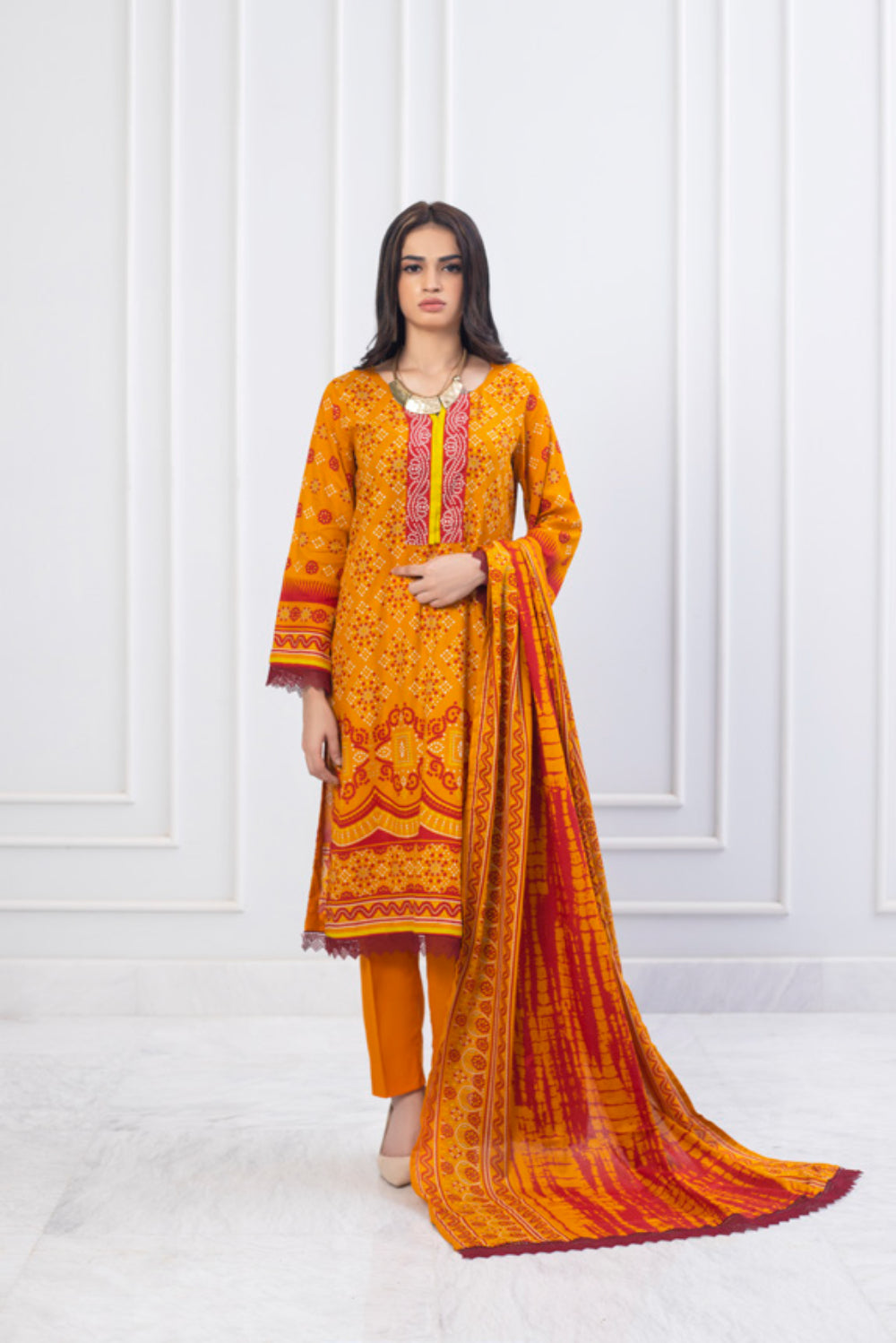 Erum Misha Printed Lawn Collection Orange Suit-Set